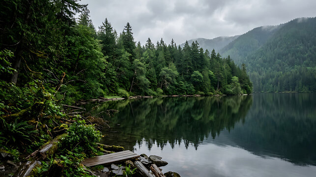 Serene Landscape of a Calm Mountain Lake Surrounded by Dense Evergreen Forest and Misty Clouds in the Pacific Northwest