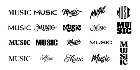 Collection of various music word typography designs and artistic lettering styles for creative graphic design projects © SUMAYAAKTER