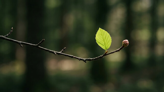 A single vibrant green leaf and a small budding flower on a slender twig against a soft-focus dark forest background, symbolizing new beginnings, growth, and nature's resilience in spring.