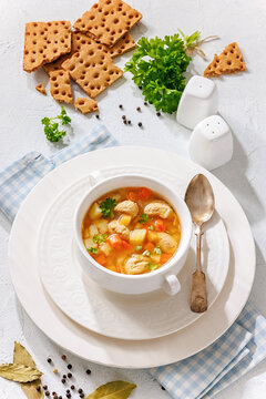 Hot Estonian Frikadellisupp in a white bowl