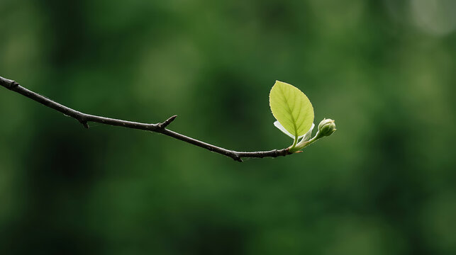A single delicate green leaf and a small flower bud on a thin twig against a soft-focus dark green forest background