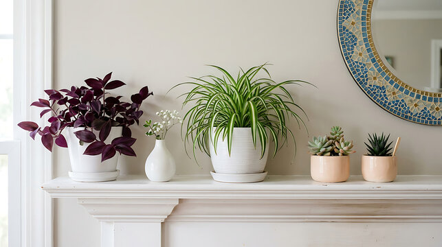 Collection of Potted Houseplants and Succulents Arranged on a White Fireplace Mantel with Decorative Mosaic Mirror