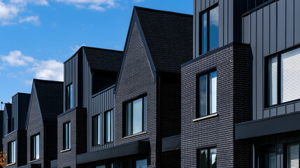Obraz premium Contemporary townhomes featuring black mortar and metallic trim beneath a cerulean sky. Real estate development vision.