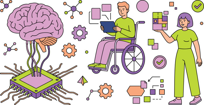 Brain Computer Interface and Neural Technology Vector Illustration with Disabled Man in Wheelchair Using AI Assistive Digital Devices