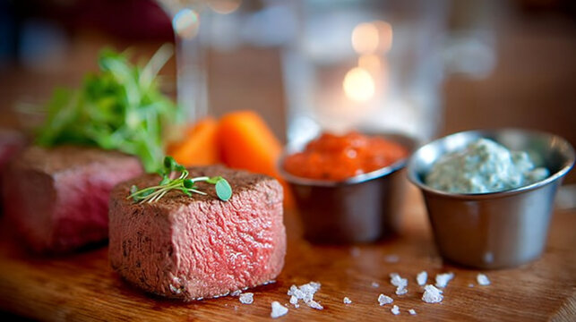 Gourmet beef steak dinner with side dishes and sauces on a wooden serving board, restaurant