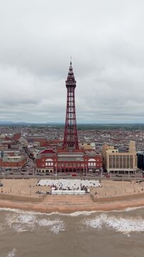 Aerial view of Blackpool townscape skyline and promenade