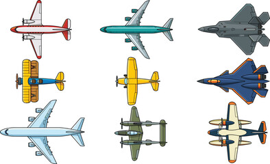 Aviation and Military Airplane Top View Vector Set Featuring Commercial Airliners Stealth Fighter Jets Vintage Biplanes and Twin Engine Aircraft © Mst