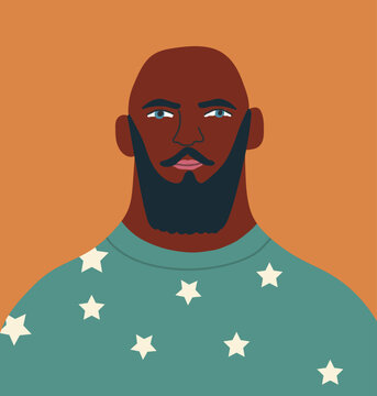 Bald hairless afro man with beard, moustache. Male avatar, head portrait in modern fashion style. User profile, trendy poster. Hand drawn vector illustration.