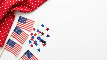 Obraz premium Patriotic fourth of july celebration background featuring small american flags and colorful star confetti on a clean white surface space