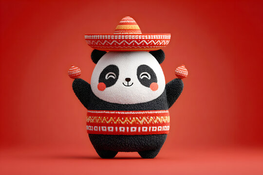 Panda wearing a sombrero and festive clothing stands with maracas