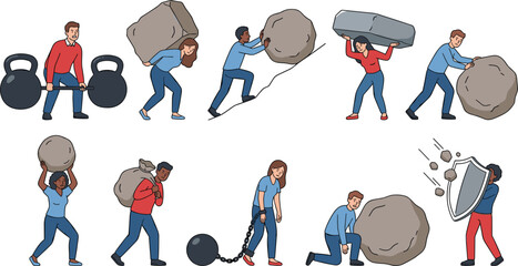 Hard Work and Life Struggle Vector Set with Diverse People Lifting Heavy Rocks Rolling Boulders Carrying Kettlebells and Sisyphus Concept Illustrations © MstRakha