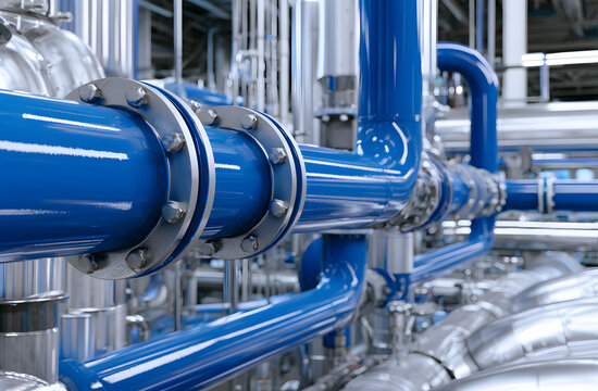 A system featuring blue pipes and metallic ones, large cylinders with bolted flanges are positioned in a factory environment. An intricate plumbing network is present indoors.