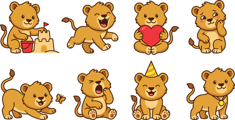 Obraz premium Cute Baby Lion Cartoon Character Sticker Set in Various Poses with Birthday Hat Heart Sandcastle and Butterfly Elements for Kids Designs