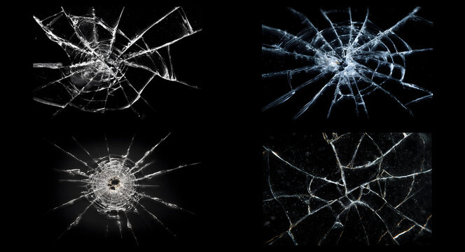 Realistic broken glass PNG overlay pack featuring various cracks isolated on transparent background