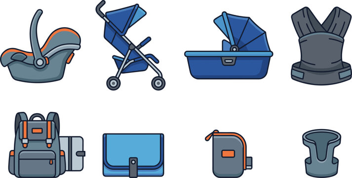 Infant Transport and Baby Travel Equipment Icon Set Featuring Stroller Safety Car Seat Bassinet Carrier Diaper Backpack and Thermal Pouches