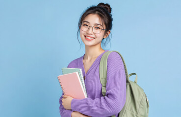 Obraz premium Academic education. Asian lady with backpack and notebooks smiling at camera on blue studio background. Korean woman university student ready to start education