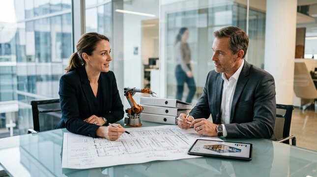 Executives discuss warehouse automation plans with robotic arm model, tablet, binders, and floor plans in a modern office.