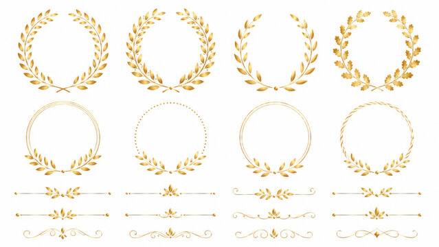 Laurel wreath and plant gold frame decorative border illustration set