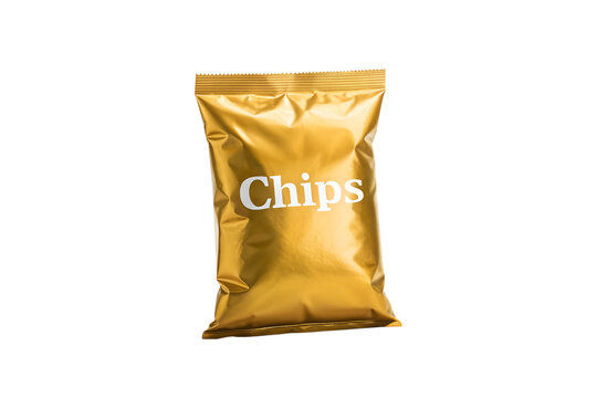 A single golden snack bag with the word chips printed on it isolated on transparent background