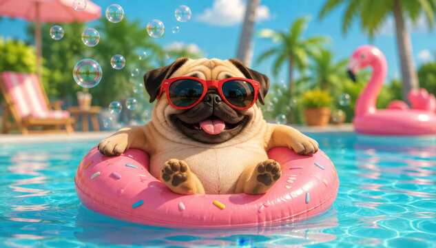Cute cartoon pug wearing red sunglasses floats on pink ring in turquoise swimming pool water. Funny dog relaxes during hot summer day outdoors. Pet animal enjoys pool party fun with bubbles around