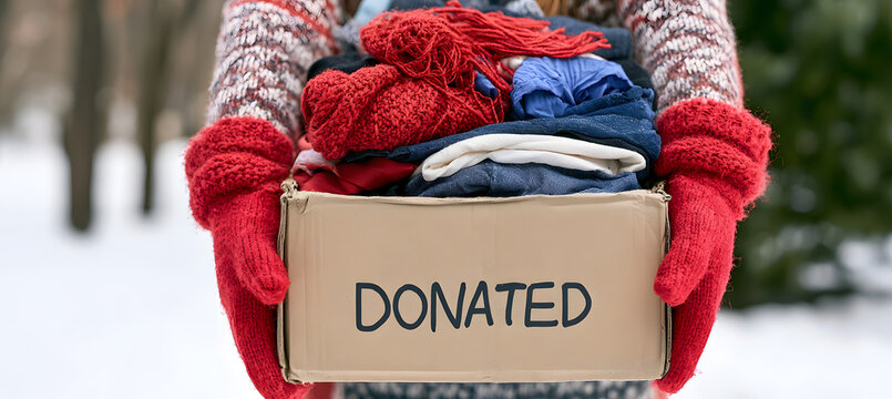 A Woman in Red Mittens, Holding a Cardboard Box Loaded with Donated Clothes, Engages in Charitable Work