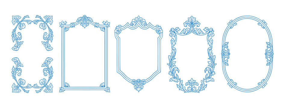 Collection of ornate vintage blue decorative borders and frames with floral elements and leaf accents on a white background