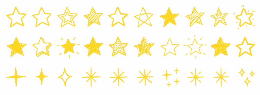 Yellow star doodles and twinkle sparkles drawn with crayon and pencil, grunge chalk scribbles, cute kids starbursts and hand drawn celestial shapes vector set