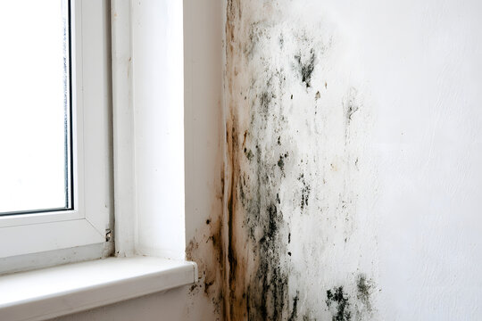Black mold and fungi on the wall near the window indicate ventilation issues, dampness, and cold in the apartment. Spots appear in the corner where the white walls meet. Spores easily flourish and mul