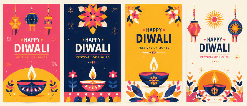 Happy Diwali. The Indian Festival of Lights. Vector abstract illustrations of diya lamps, lanterns, bold typography, geometric shapes, flower, and festive abstract design for a holiday vector greeting