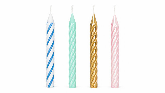 Four festive birthday cake candles isolated on transparent background
