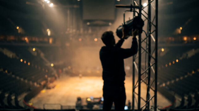 Lighting technician silhouette in an intentional blurred stadium for event production marketing, concert backgrounds, and entertainment industry presentations.