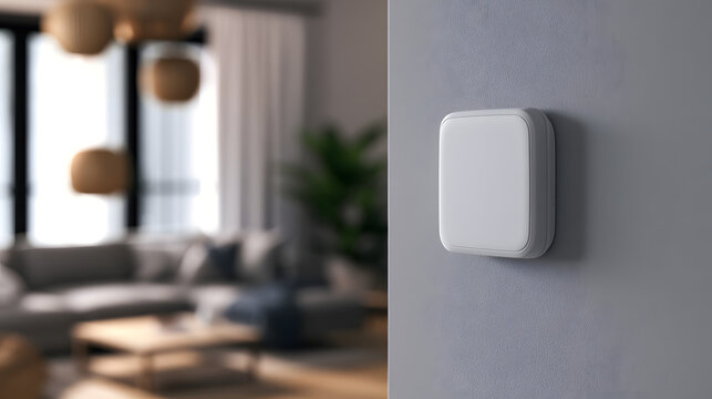 A close-up shot of a smart air quality sensor affixed to a wall displays a sharp focus against a blurred background, capturing the essence of a contemporary living room setting.