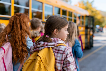 Obraz premium Young girl waits with classmates near school bus. She wears plaid jacket and carries yellow backpack. Her hair is tied back neatly, gaze focused ahead. Children stand in quiet line, anticipating ride