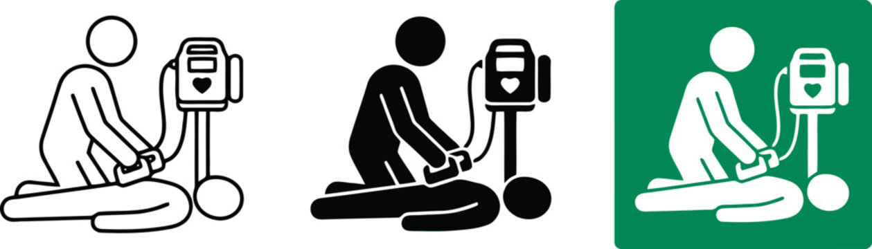Set of icons showing a person using an automated external defibrillator aed on a patient