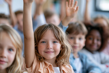 Fototapeta premium Bright-eyed child raises hand in eager anticipation. Fellow students sit quietly, waiting for their turn. Soft focus background highlights young, curious faces. Classroom setting suggests learning