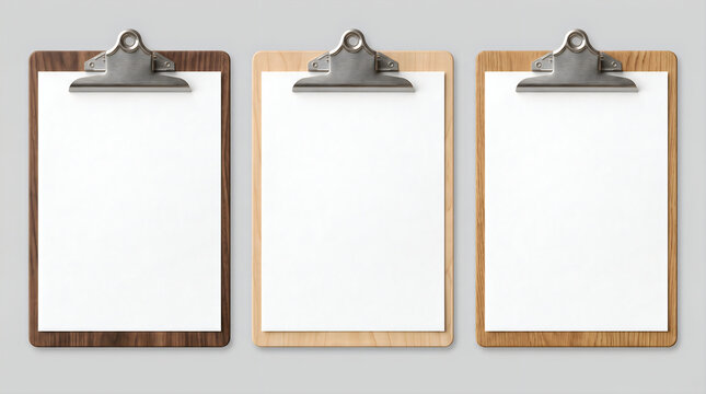 Three wooden clipboards with blank white paper mockup templates clipboard business