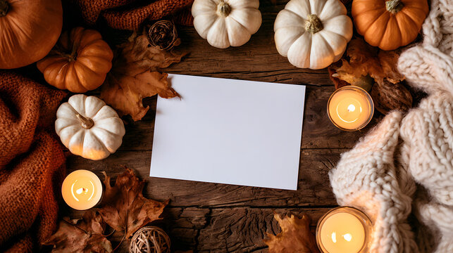 A blank white card mockup is set on a rustic wooden table, which is surrounded by autumn pumpkins, falling leaves, a cozy blanket, and glowing candles, all perfect for fall-themed festivities
