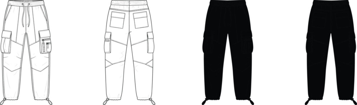 Cargo pants vector illustration with front and back technical sketch flat design views