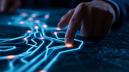Fototapeta premium Illuminated Pathway Selection by Executive Hand Touching Digital Circuit Interface