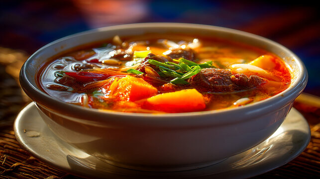 Traditional spicy vegetable and meat stew in a white bowl with fresh garnish, vegetables