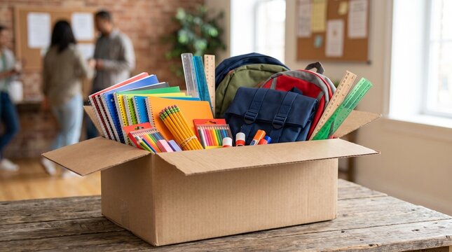 Cardboard box filled with school supplies, notebooks, backpacks, and stationery for donation or back-to-school preparation