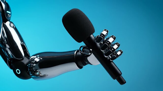 Robotic hand holding professional microphone against blue background.