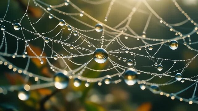 Macro dew droplets sparkling on intricate spiderweb. Close-up morning nature texture with water beads on silk threads.