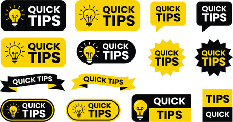 Naklejka premium Banner Sign icon set-Collection of Quick Tips labels, banners, and speech bubbles with light bulb icons