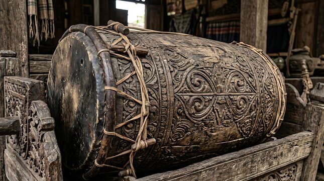 Ancient hand carved ceremonial wooden drum with leather head
