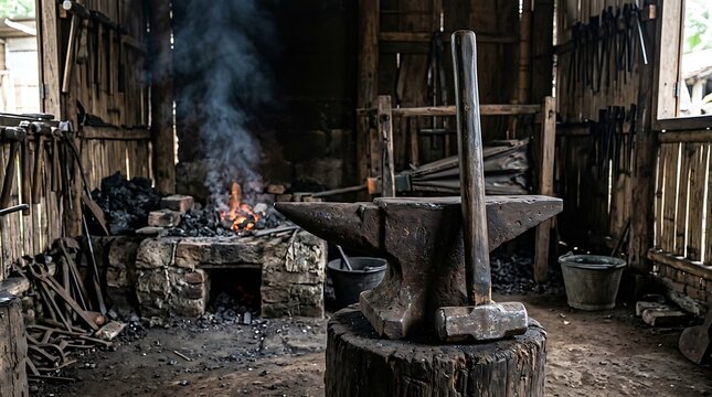 Rustic blacksmith forge with anvil and glowing hot coal fire