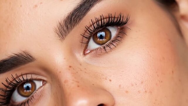 A close up portrait of beautiful brown eyes with long lashes