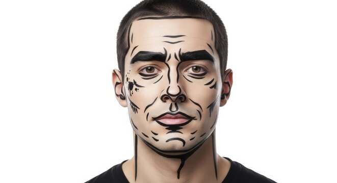 man with cartoon comic style face paint, black outline pop art portrait