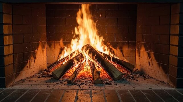 A bright fire burns inside a rustic brick fireplace hearth