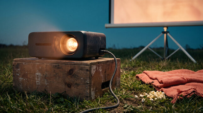 Portable projector set up on wooden crate outdoors at night  